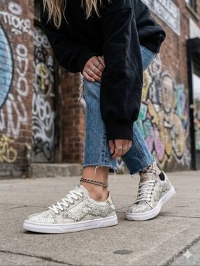 ✨ Two Pretty Handcrafted Black Snakeskin Print Leather Sneakers ✨